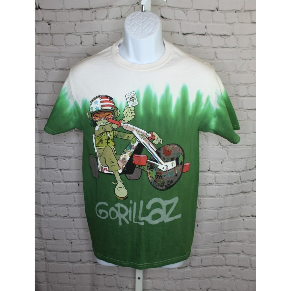 Vintage Y2K Gorillaz Band Dip-Dye T-Shirt Noodle Trike Tie Dye Green Mens Size S